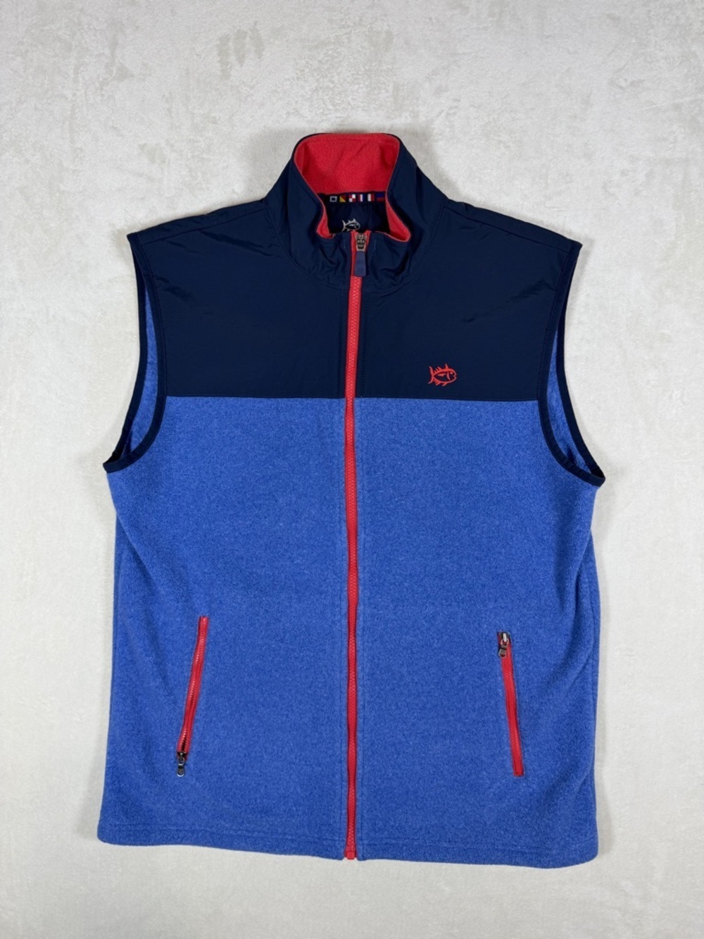 Southern Tide Medium Blue & Navy Fleece Vest with Red Trim Front Logo